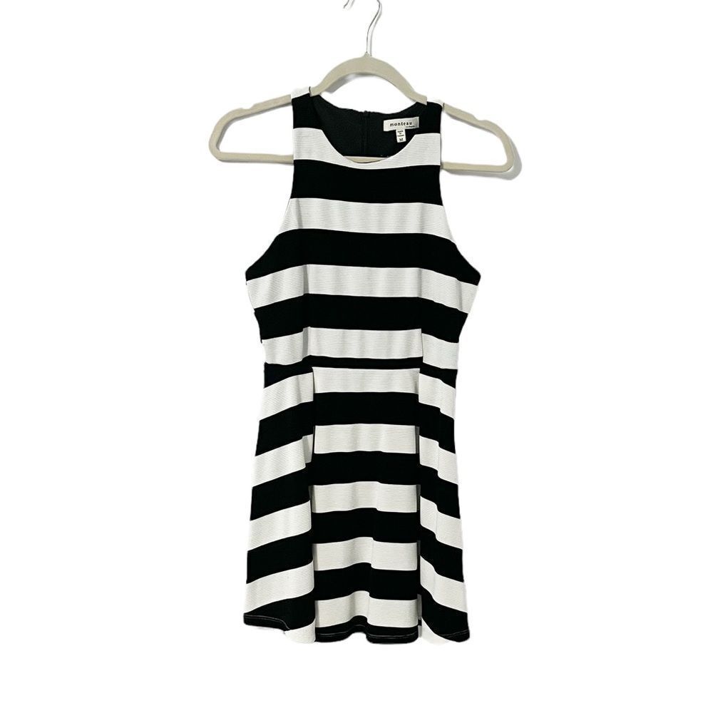 Monteau Women's Striped High Neck Dress Black White Fit & Flare Dress Size M